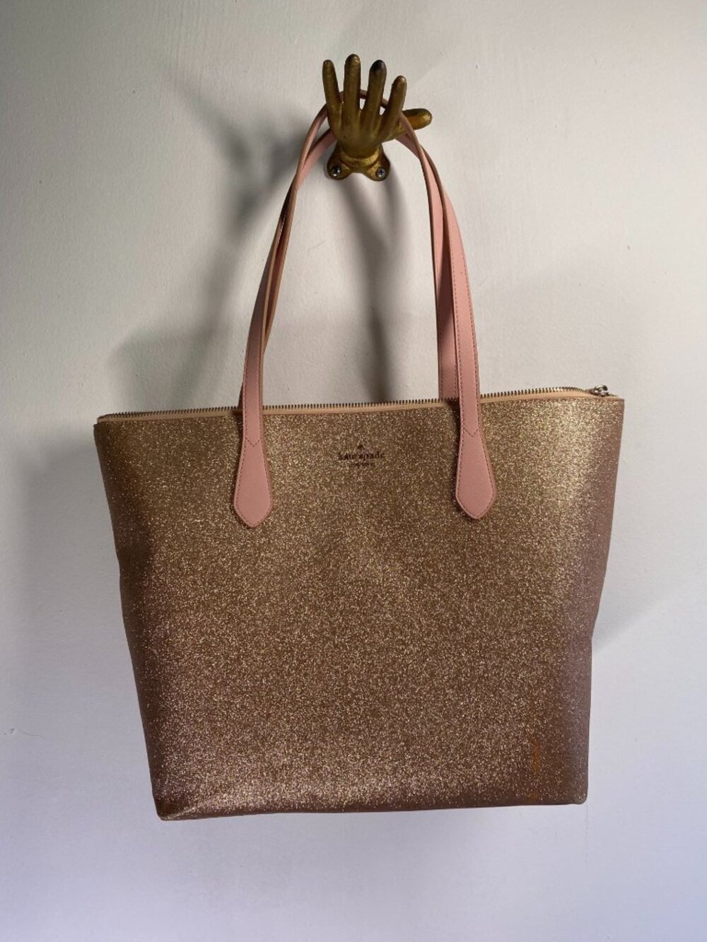 Kate Spade New York Rose Pink Glitter Tote With Pink Handles Rose Gold